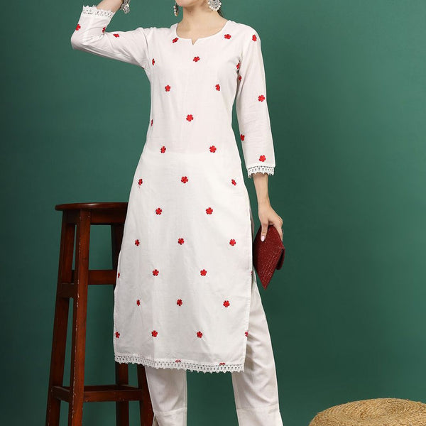 Sangria Floral Embroidered Thread Work Pure Cotton Straight Kurta - Distacart