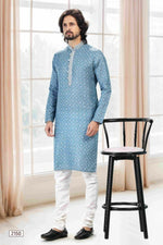 Thumbnail for Raivat Ethnic Cotton Thread Work Kurta Pajama In Blue Colour - Dista