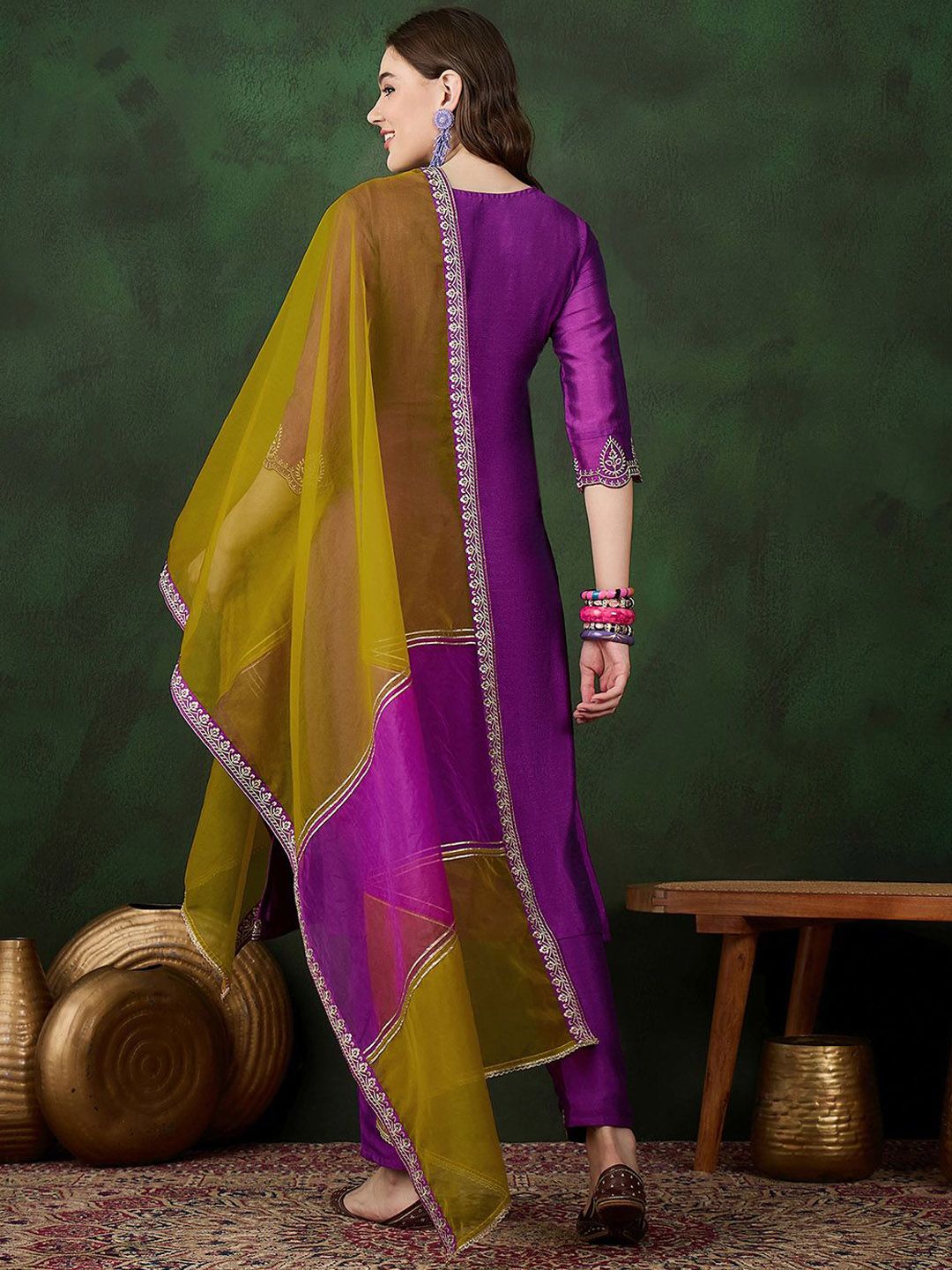 Sangria Embroidered Straight Kurta & Trousers With Dupatta