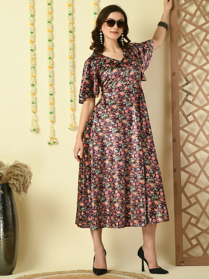 Myshka Women's Multi Printed Velvet Party Dress - Distacart