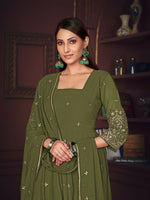 Thumbnail for Jyoti Fashion Women's Olive Green Georgette Embroidered Anarkali Kurta Pant Set With Dupatta - Distacart