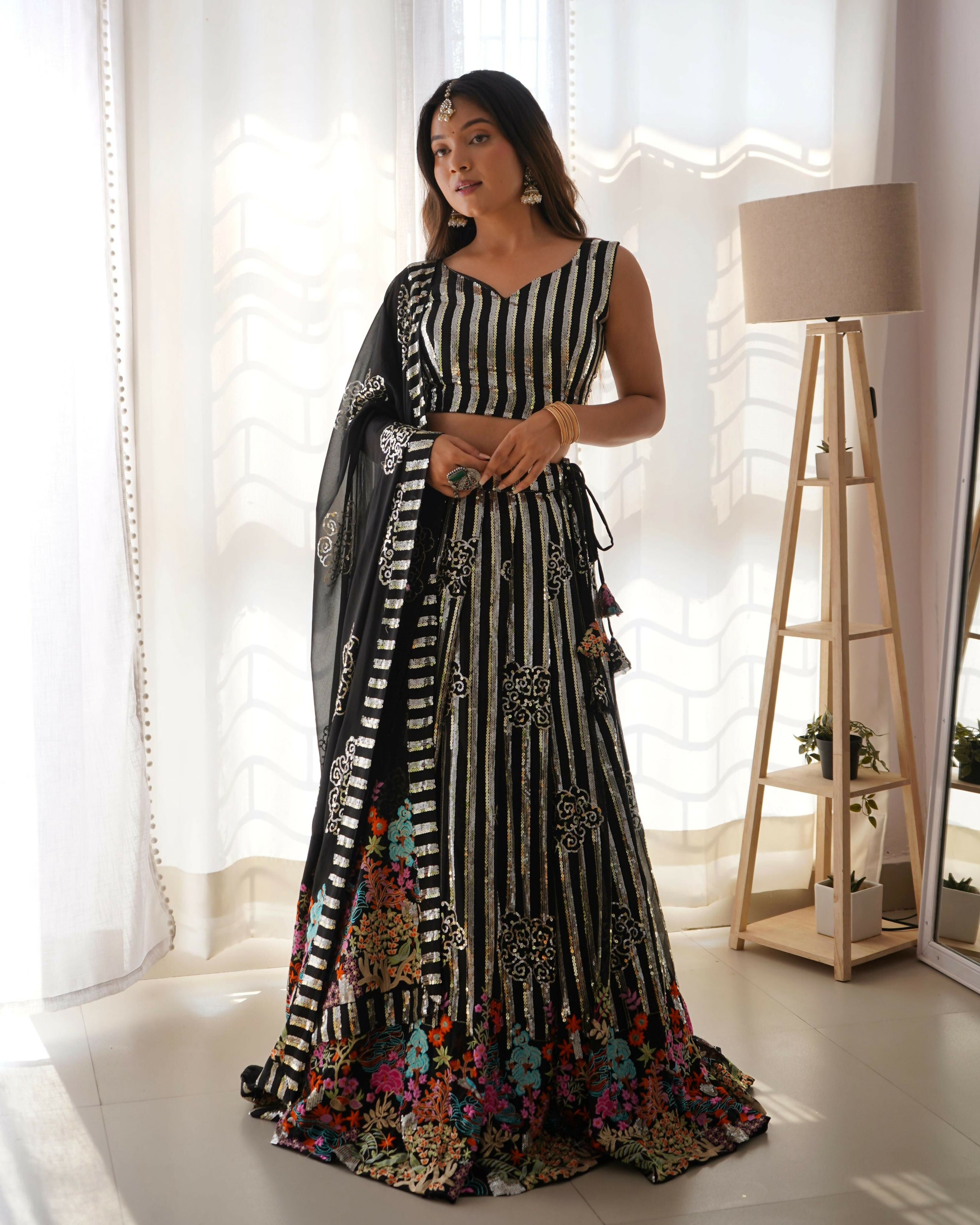 Joban Fashion Black Lehenga Georgette Coding Dori with Sequence with Rivet Moti