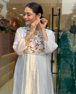 Thumbnail for The52 White Women's Gorgeous Embroidered Viscose Chiffon Fabric Pleated Kurta Pant with Dupatta Set - Distacart