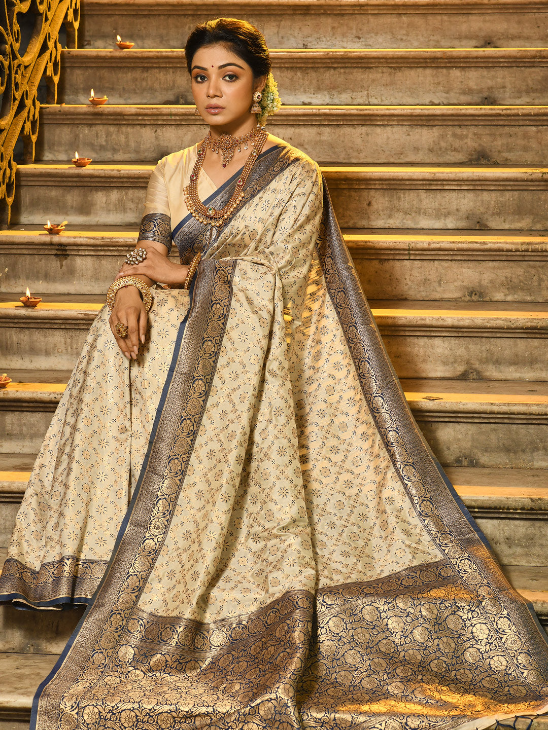 Anaita Off White Banarasi Saree With Blouse Piece - Distacart