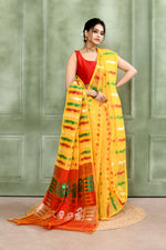 Thumbnail for Piyari Fashion Women's Yellow Embellished Cotton Blend Jamdani Saree - Distacart