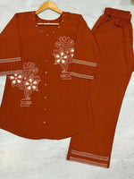 Thumbnail for Teeya Creation Orange Embroidered Cotton Co-ord Set for Women - Dista