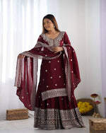 Thumbnail for Joban Fashion Maroon Kurta Set Silk Sequins , Zari, Coding & Thread Embroidered work - Distacart