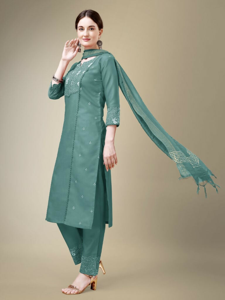 Jyoti Fashion Women's Teal Cotton Blend Embroidery & Fancy Lace work Kurta with Trouser & Dupatta - Distacart