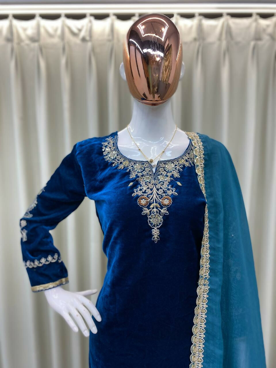 Vastranavya Teal Velvet Cording Sequence Embroidery Work Suit With Dupatta