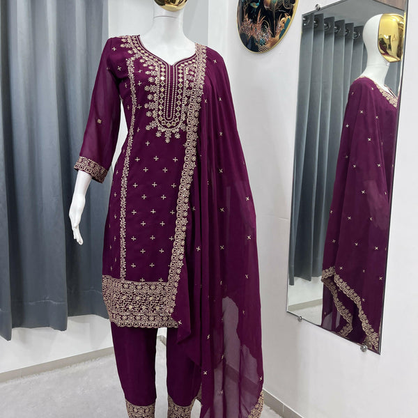 Teeya Creation Wine Color Faux Georgette Embroidery Work Party Wear Salwar Suit - Distacart