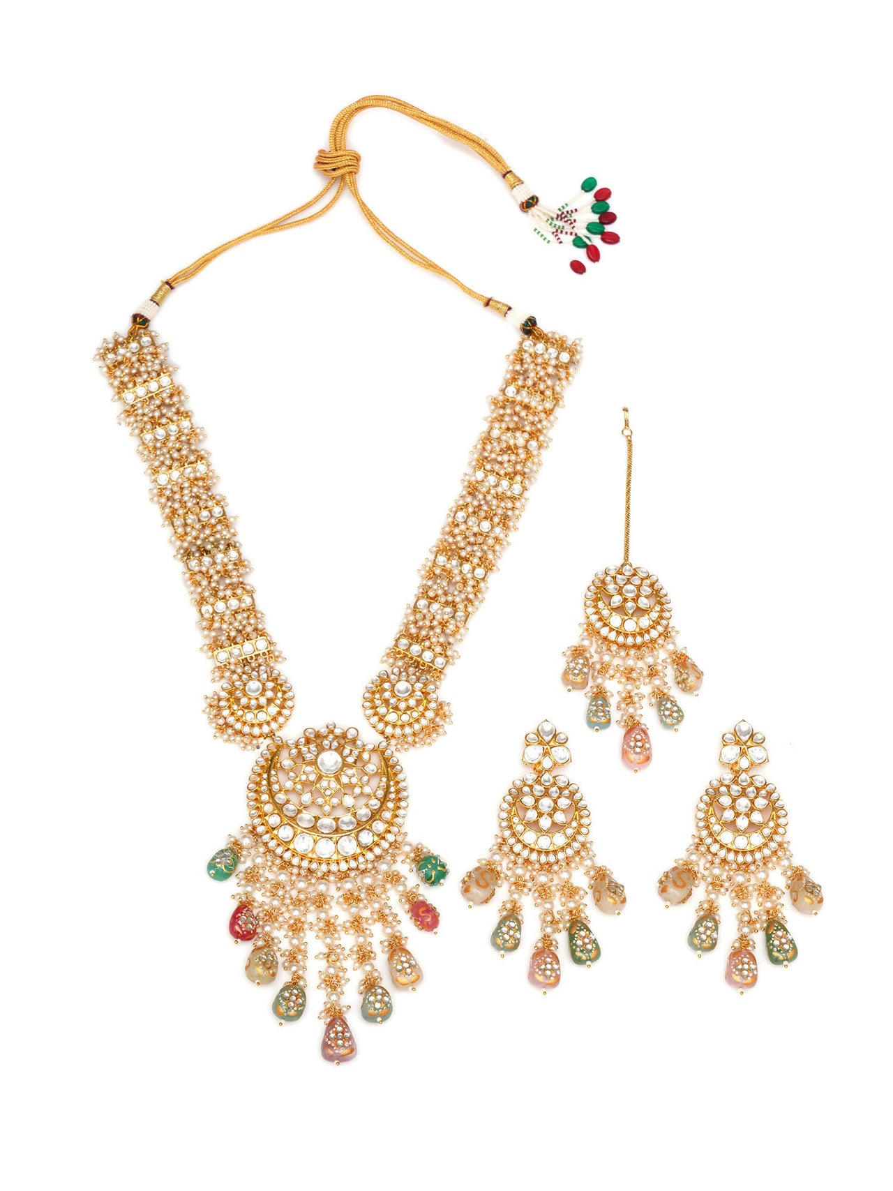 Long Kundan Neckpiece with Earrings & Maang Tikka with Multi Stones Jewellery Set (Gold) - Ruby Raang - Distacart