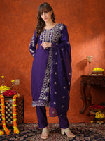 Thumbnail for Hand Embroidered Kurta With Pant & Embroidered Dupatta, Purple - Hiral Fashion - Distacart