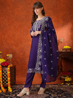 Thumbnail for Hand Embroidered Kurta With Pant & Embroidered Dupatta, Purple - Hiral Fashion - Distacart