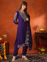 Thumbnail for Hand Embroidered Kurta With Pant & Embroidered Dupatta, Purple - Hiral Fashion - Distacart