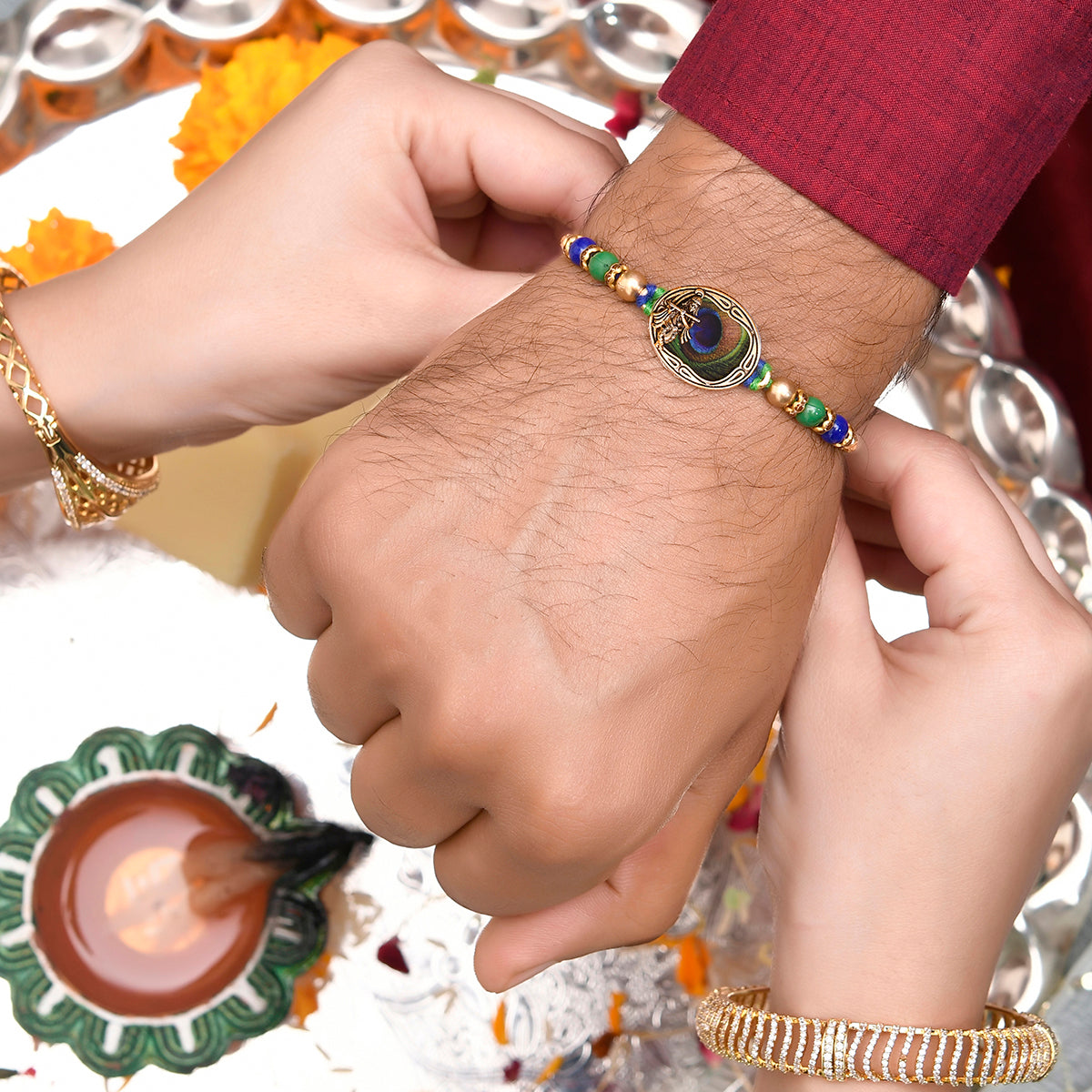 trueBrowns X Voylla Peacock Feather Beaded Single Rakhi - Distacart