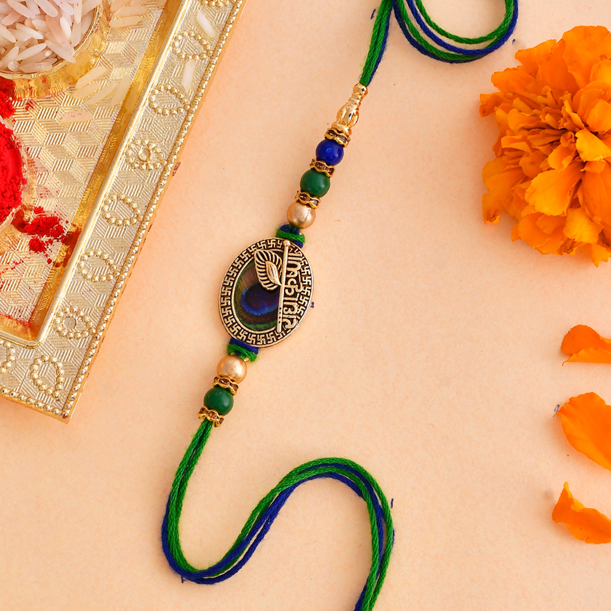 trueBrowns X Voylla Radha Krishna Peacock Feather Beaded Thread Rakhi - Distacart
