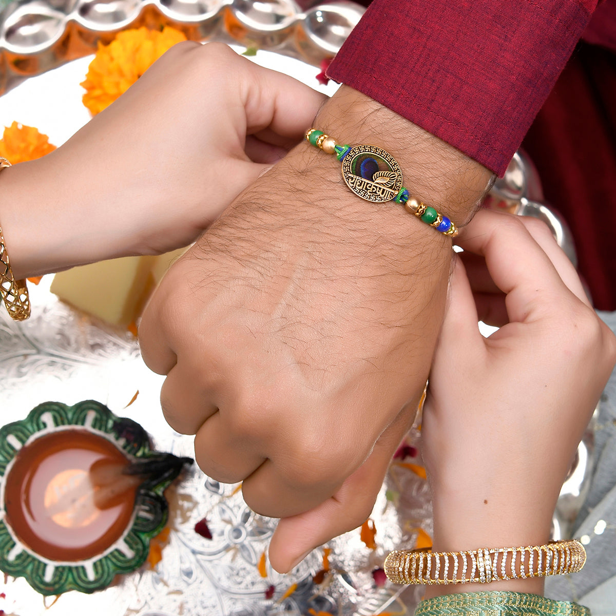 trueBrowns X Voylla Radha Krishna Peacock Feather Beaded Thread Rakhi - Distacart