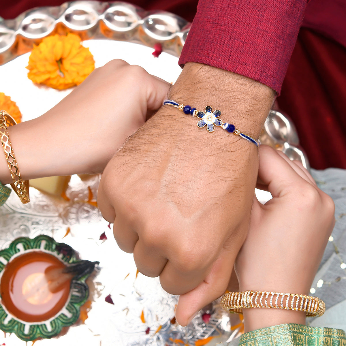 trueBrowns X Voylla Ethnic Floral Motif Blue Thread Rakhi - Distacart