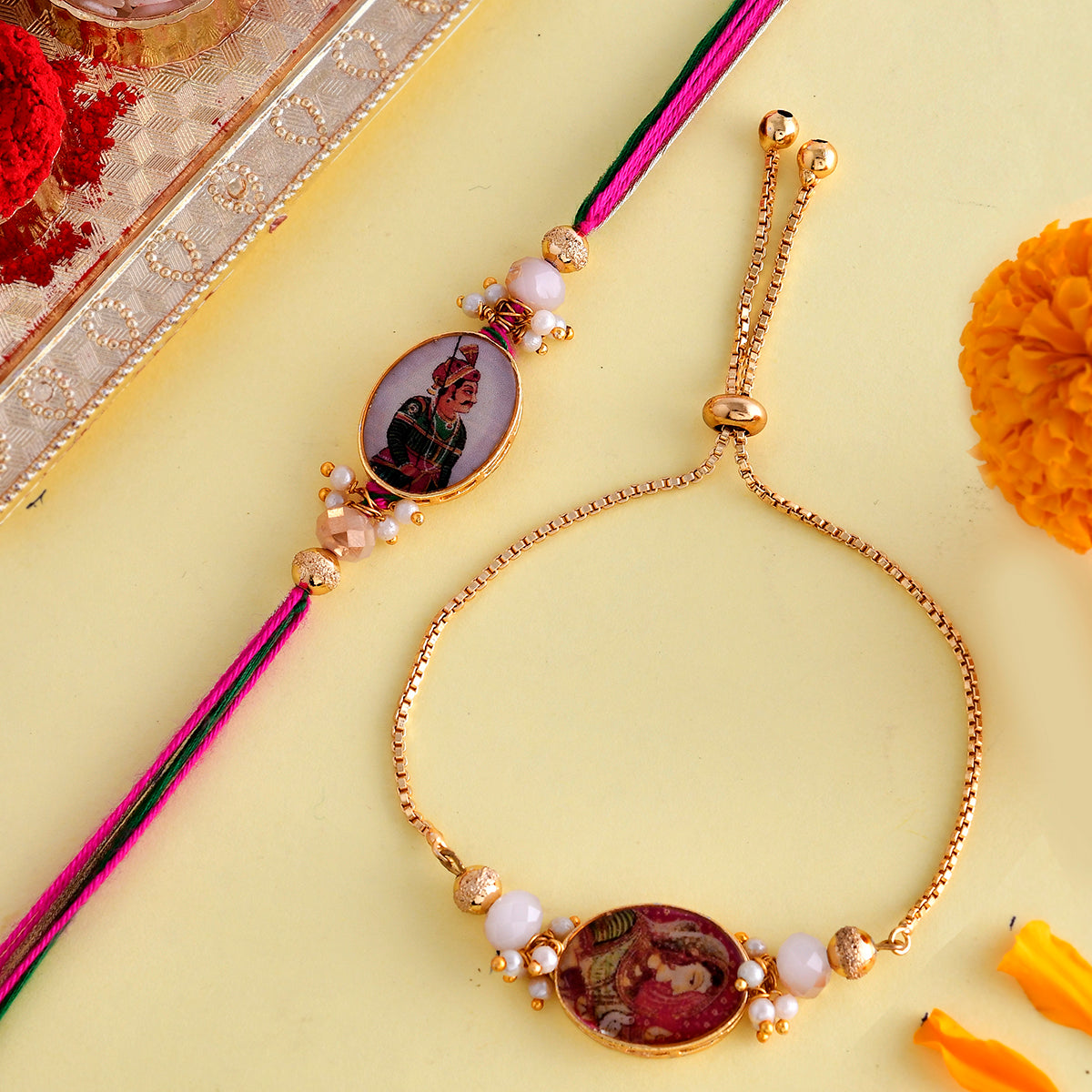 trueBrowns X Voylla Traditional King And Queen Pearl Beads Bhaiya-Bhabhi Rakhi - Distacart