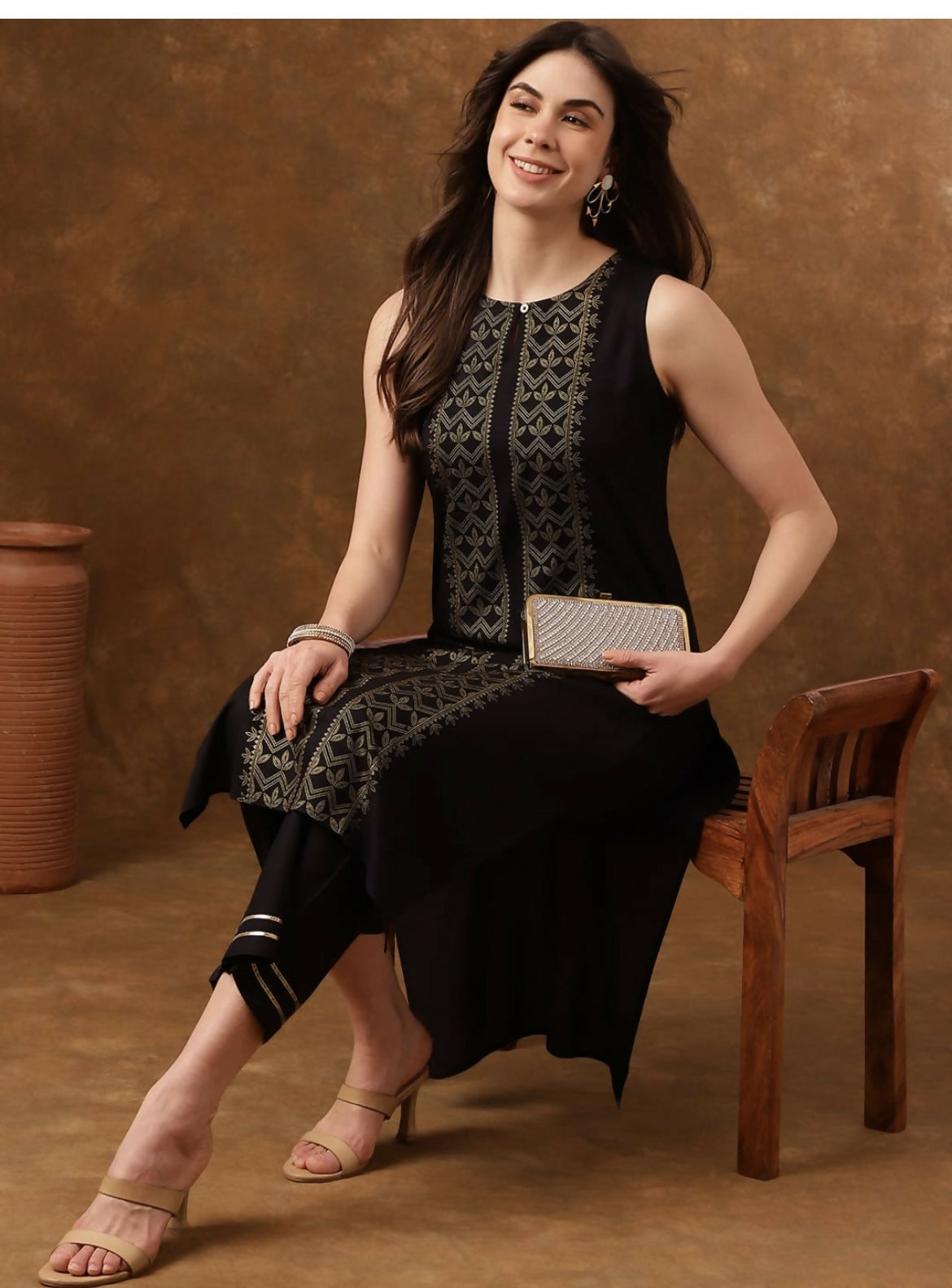 Cheera Women Stylish Hand Block Printed Cotton Blend Flared Kurta - Black - Distacart