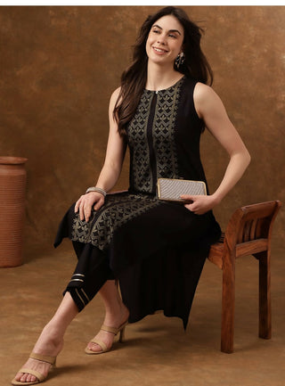 Cheera Women Stylish Hand Block Printed Cotton Blend Flared Kurta - Black - Distacart