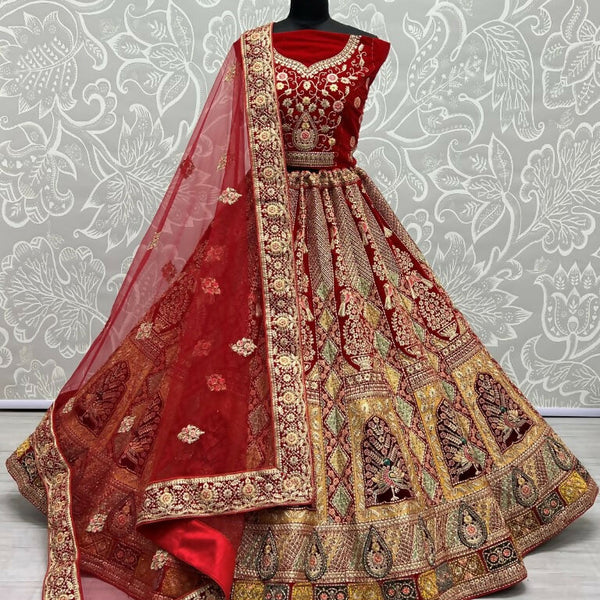 Jyoti Fashion Women's Red Velvet Fancy Dori, Zari with Multi Thread Embroidered Wedding Lehenga Choli - Distacart