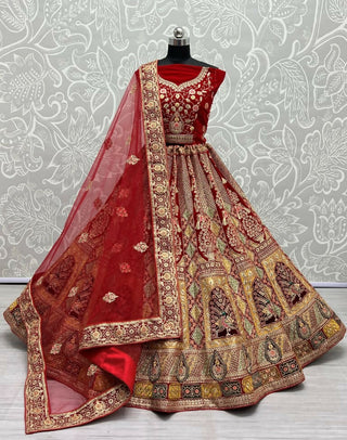 Jyoti Fashion Women's Red Velvet Fancy Dori, Zari with Multi Thread Embroidered Wedding Lehenga Choli - Distacart