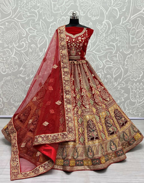 Jyoti Fashion Women's Red Velvet Fancy Dori, Zari with Multi Thread Embroidered Wedding Lehenga Choli - Distacart