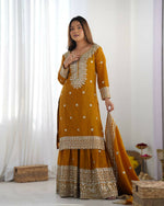 Thumbnail for Joban Fashion Mustard Kurta Set Silk Sequins , Zari, Coding & Thread Embroidered work - Distacart