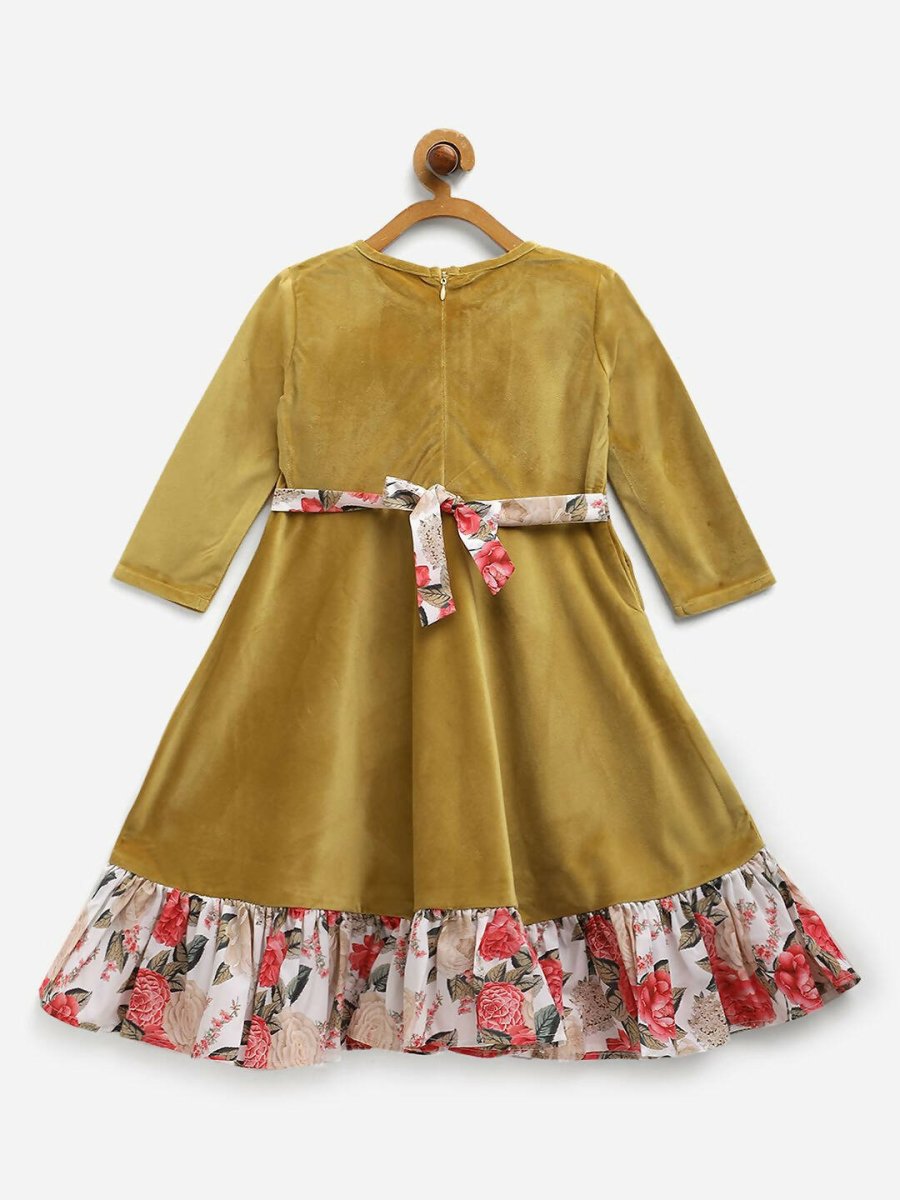 Ahalyaa Mustard Velvet Plain Kids Frilled Kurta For Girls - Distacart
