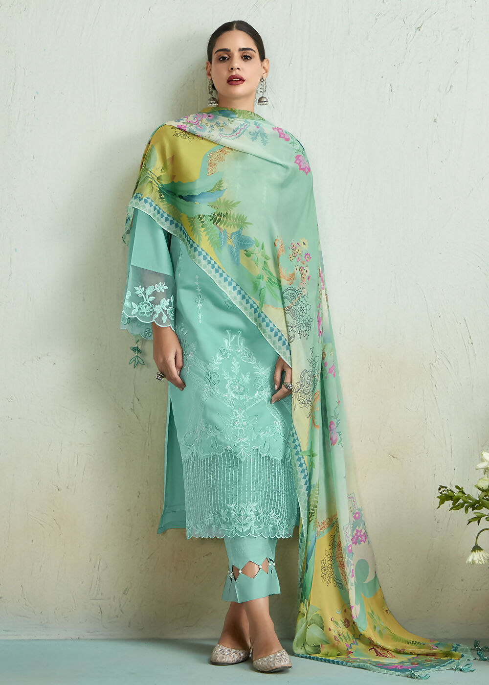 Turquoise Blue Pure Muslin Resham Embroidered Salwar Suit - Emponline - Distacart