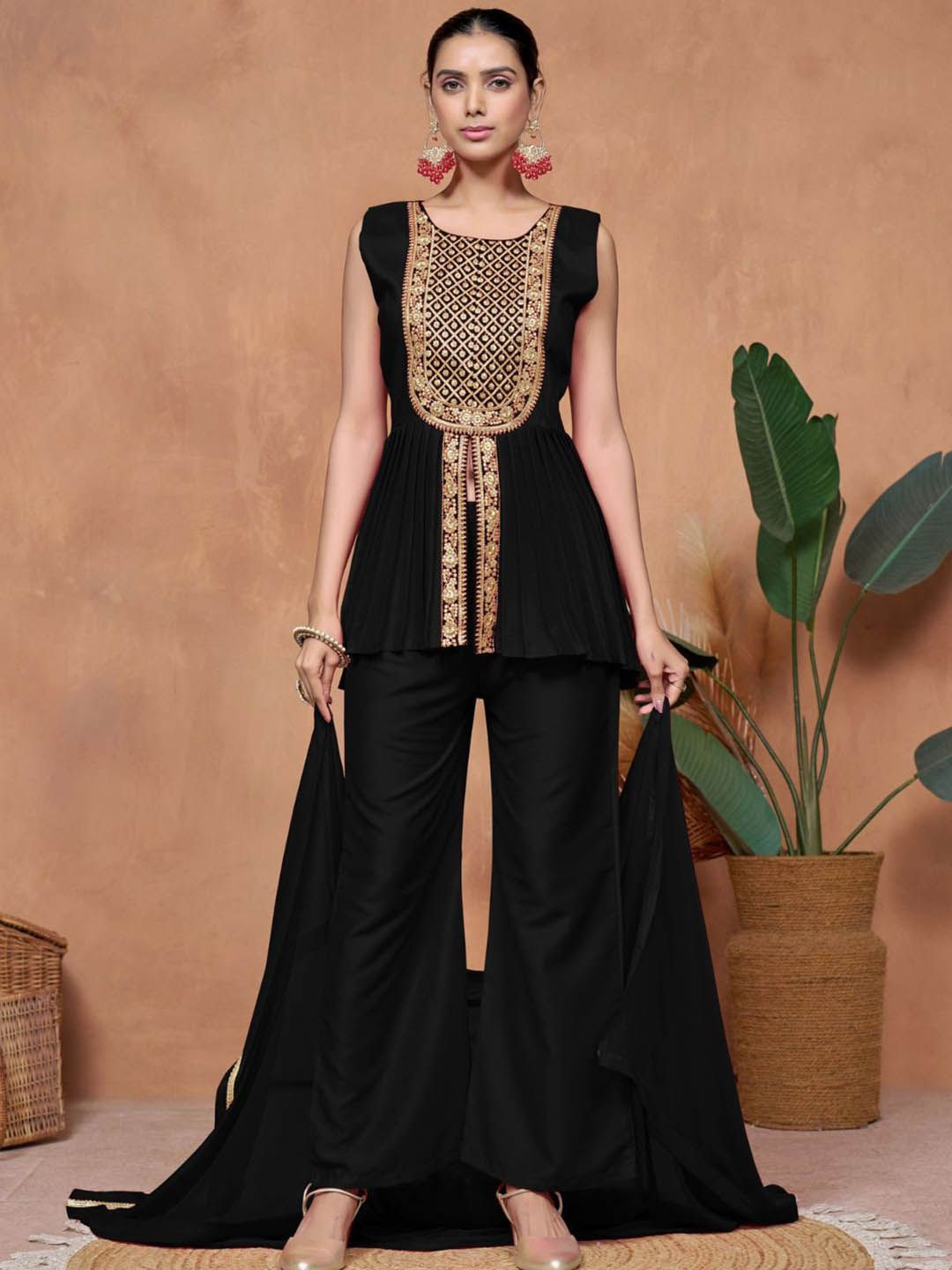 Sangria Embroidered A-line Kurta & Palazzo With Dupatta - Distacart