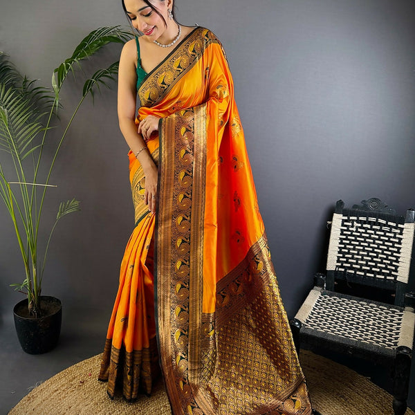 Joban Fashion Banarasi Orange Woven Soft Silk Saree