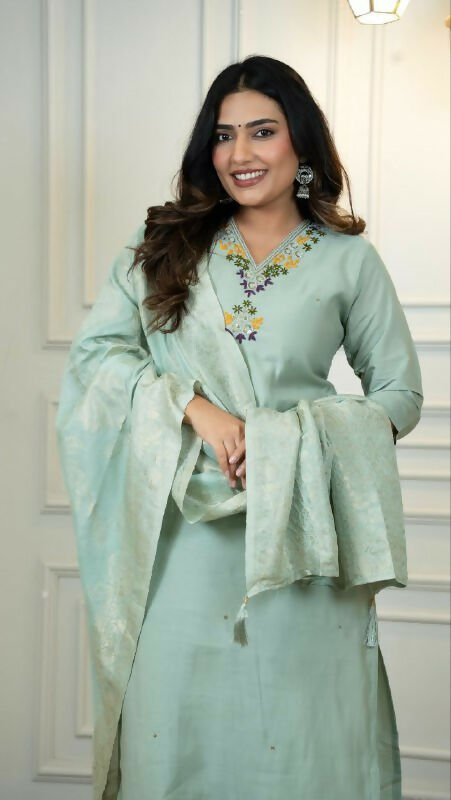 Preksha Creation Premium C Green Roman Silk Hand Work Kurti Pant Dupatta Set