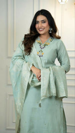 Thumbnail for Preksha Creation Premium C Green Roman Silk Hand Work Kurti Pant Dupatta Set
