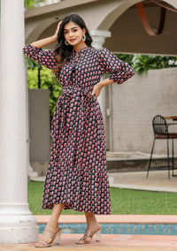 Thumbnail for Kaajh Women's Black Bagru Print Floral Cotton Dress - Distacart