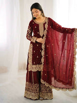 Thumbnail for Teeya Creation Maron Color Fendy Silk Embroidery Work Wedding Wear Salwar Suit - Distacart