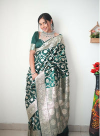 Thumbnail for Malishka Banarasi Silk Jacquard Ready To Wear Saree With Blouse Piece - Dark Green - Distacart