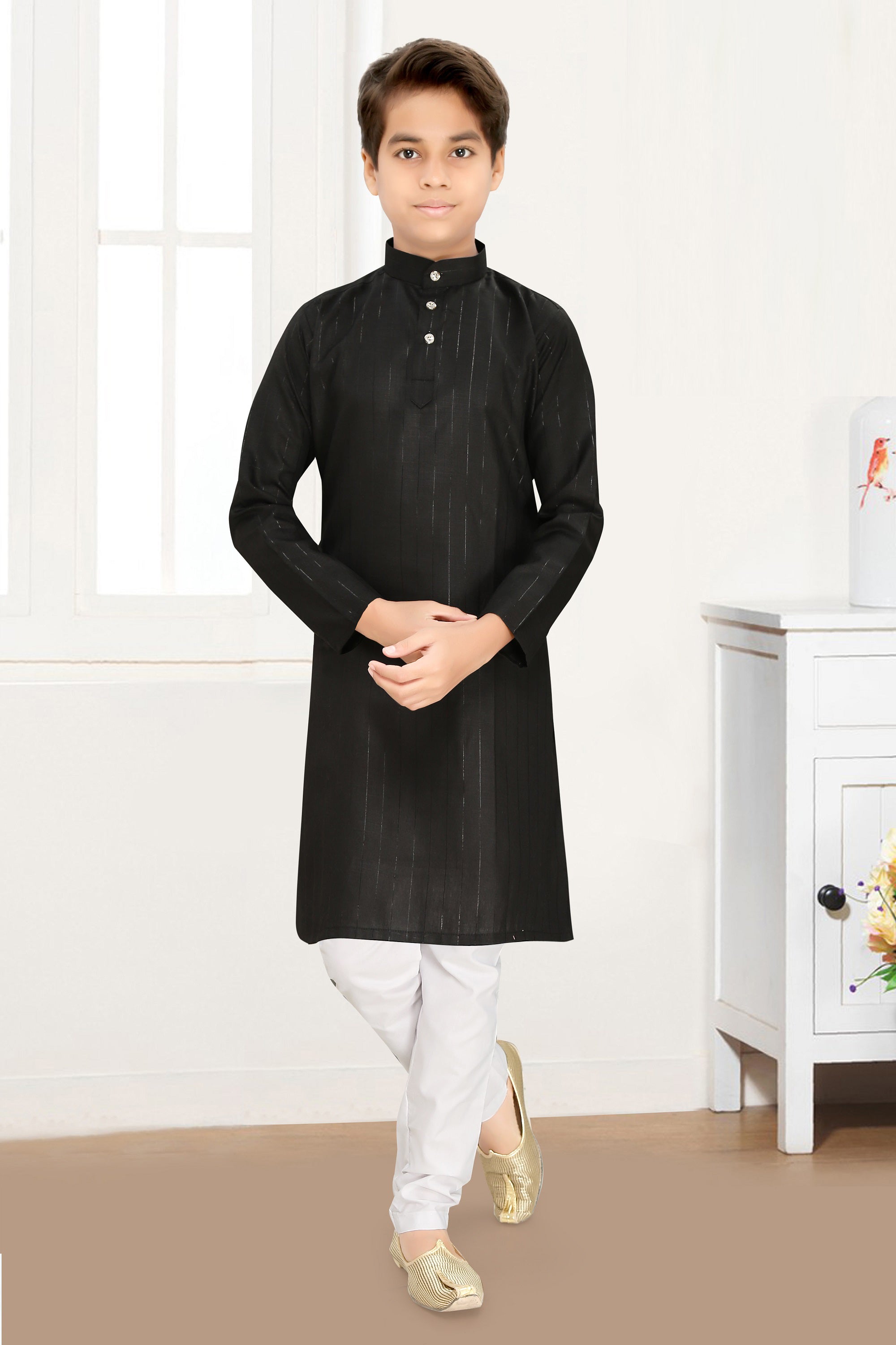 Neera Trendz Black Cotton Blend Lining Work Kid's Kurta With Pyjama