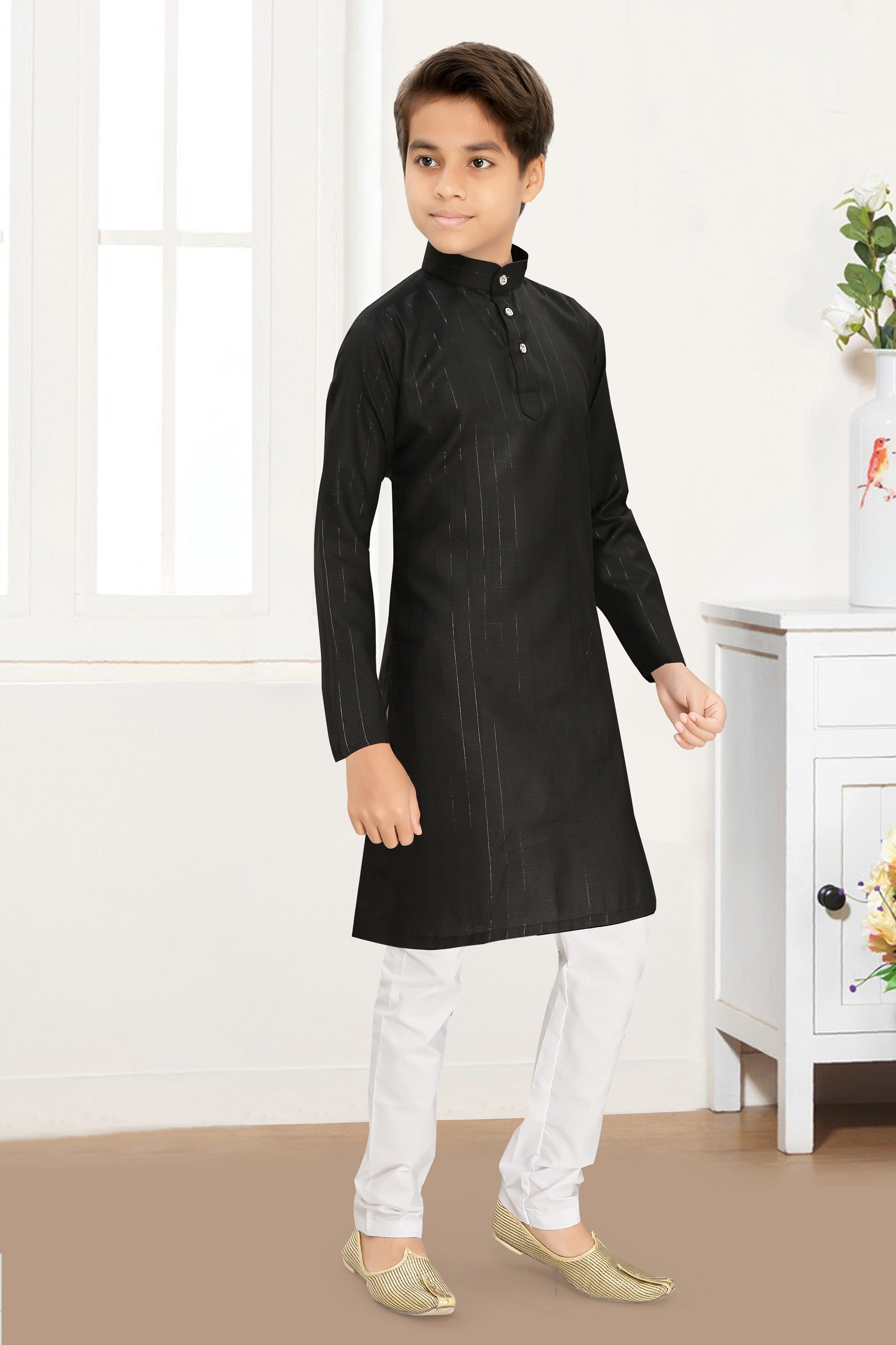 Neera Trendz Black Cotton Blend Lining Work Kid's Kurta With Pyjama