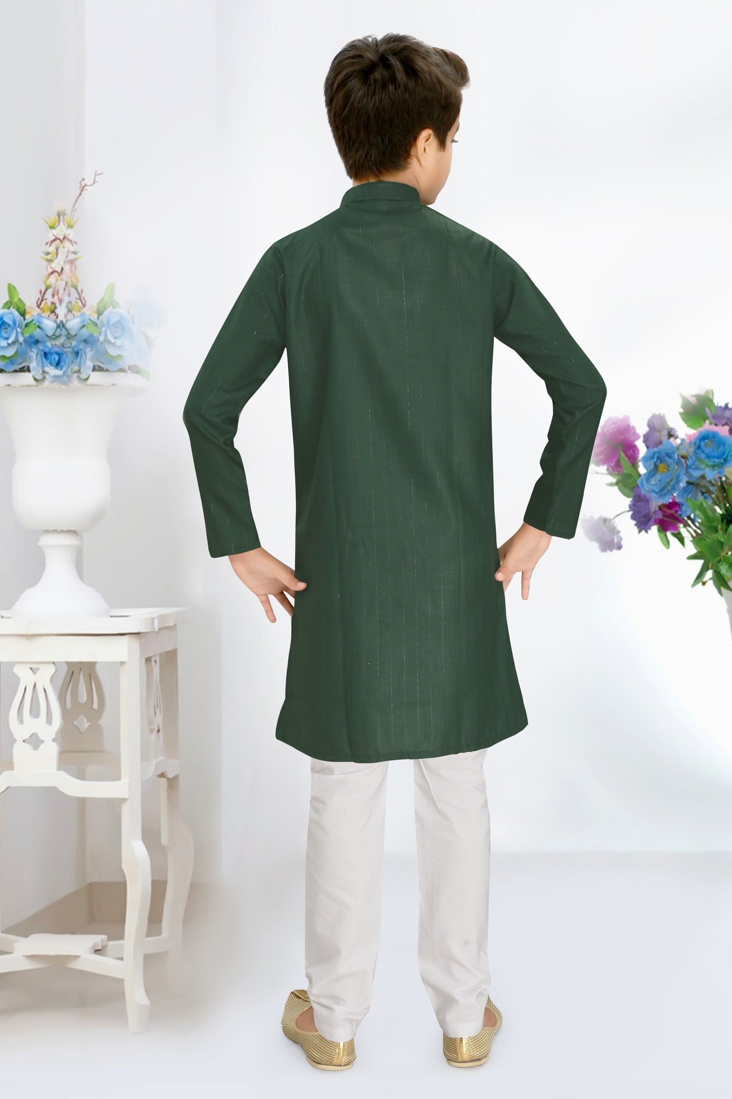 Neera Trendz Green Cotton Blend Lining Work Kid's Kurta With Pyjama - Dista