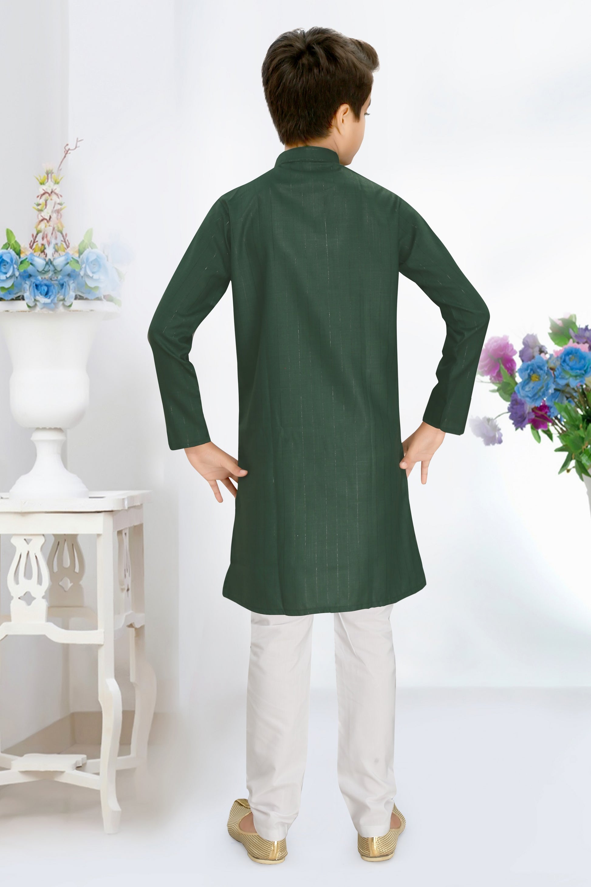 Neera Trendz Green Cotton Blend Lining Work Kid's Kurta With Pyjama - Dista
