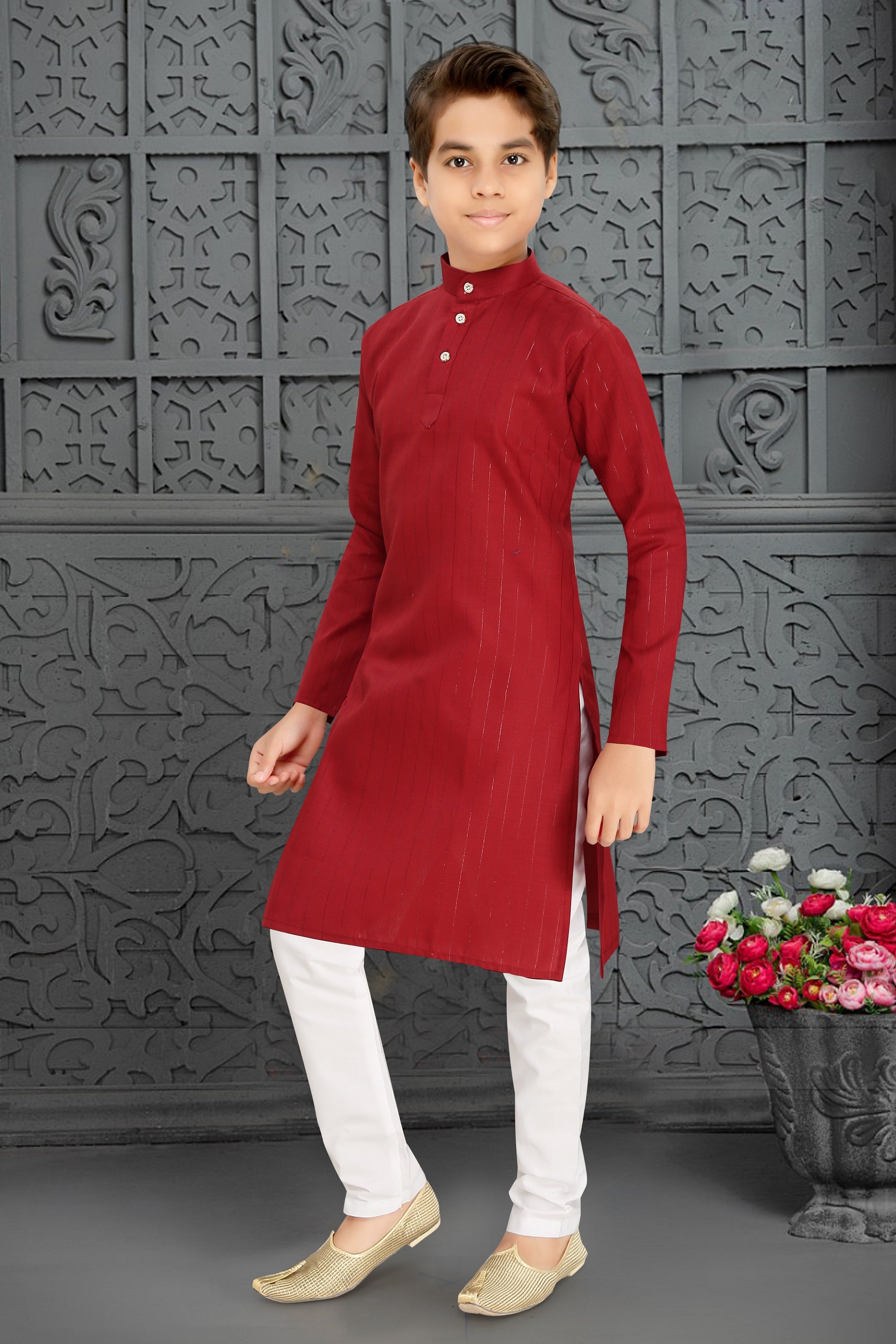 Neera Trendz Red Cotton Blend Lining Work Kid's Kurta With Pyjama