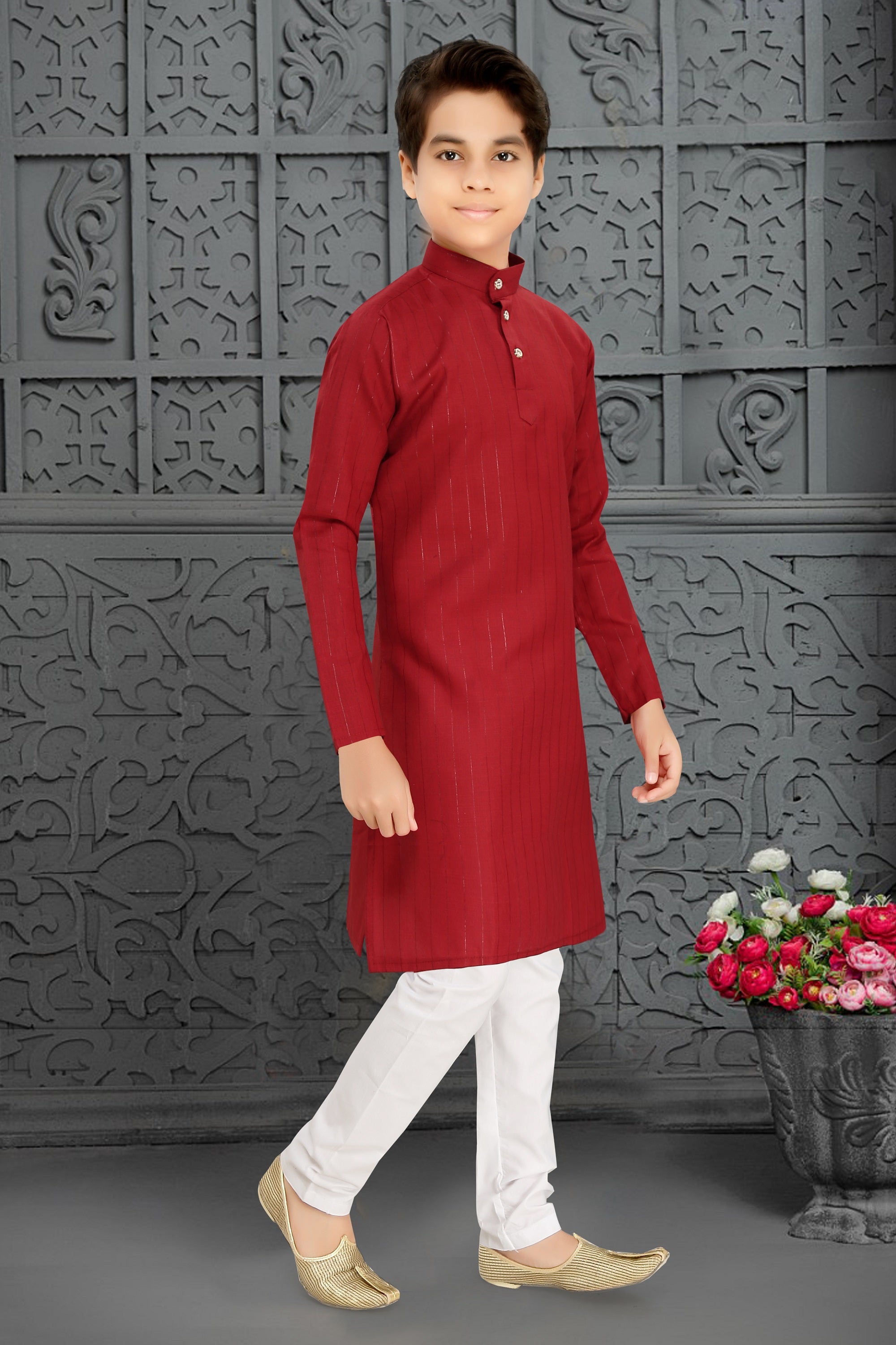 Neera Trendz Red Cotton Blend Lining Work Kid's Kurta With Pyjama