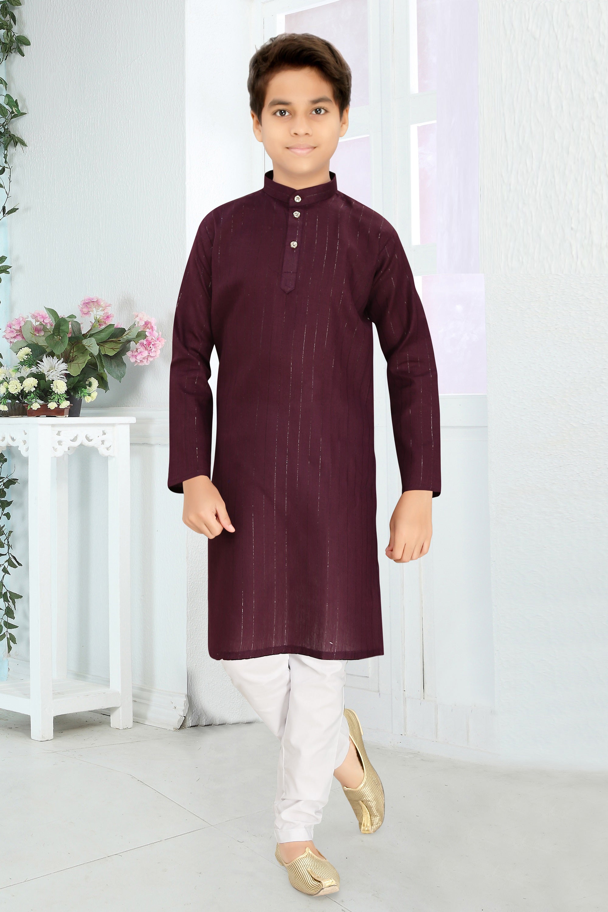 Neera Trendz Wine Cotton Blend Lining Work Kid's Kurta With Pyjama