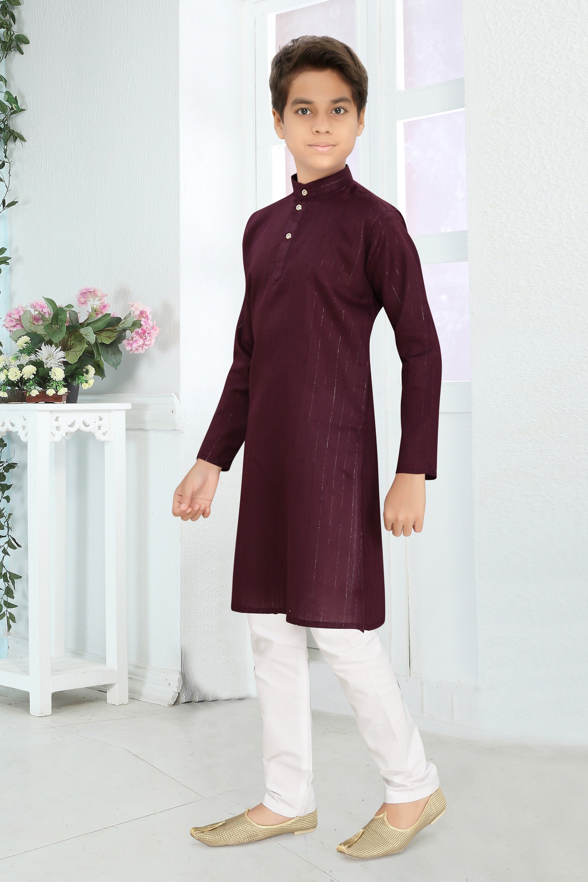 Neera Trendz Wine Cotton Blend Lining Work Kid's Kurta With Pyjama