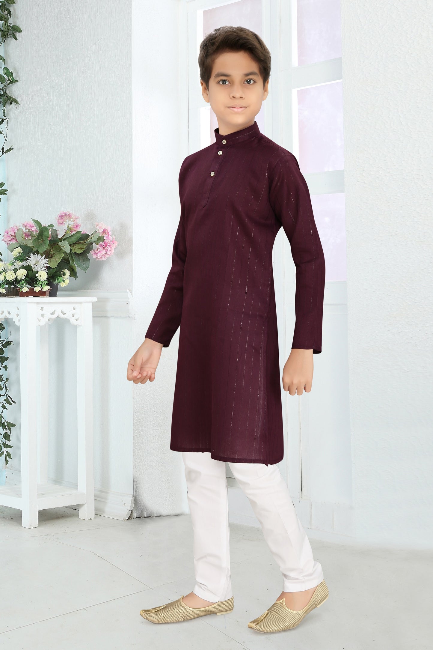 Neera Trendz Wine Cotton Blend Lining Work Kid's Kurta With Pyjama - Distacart