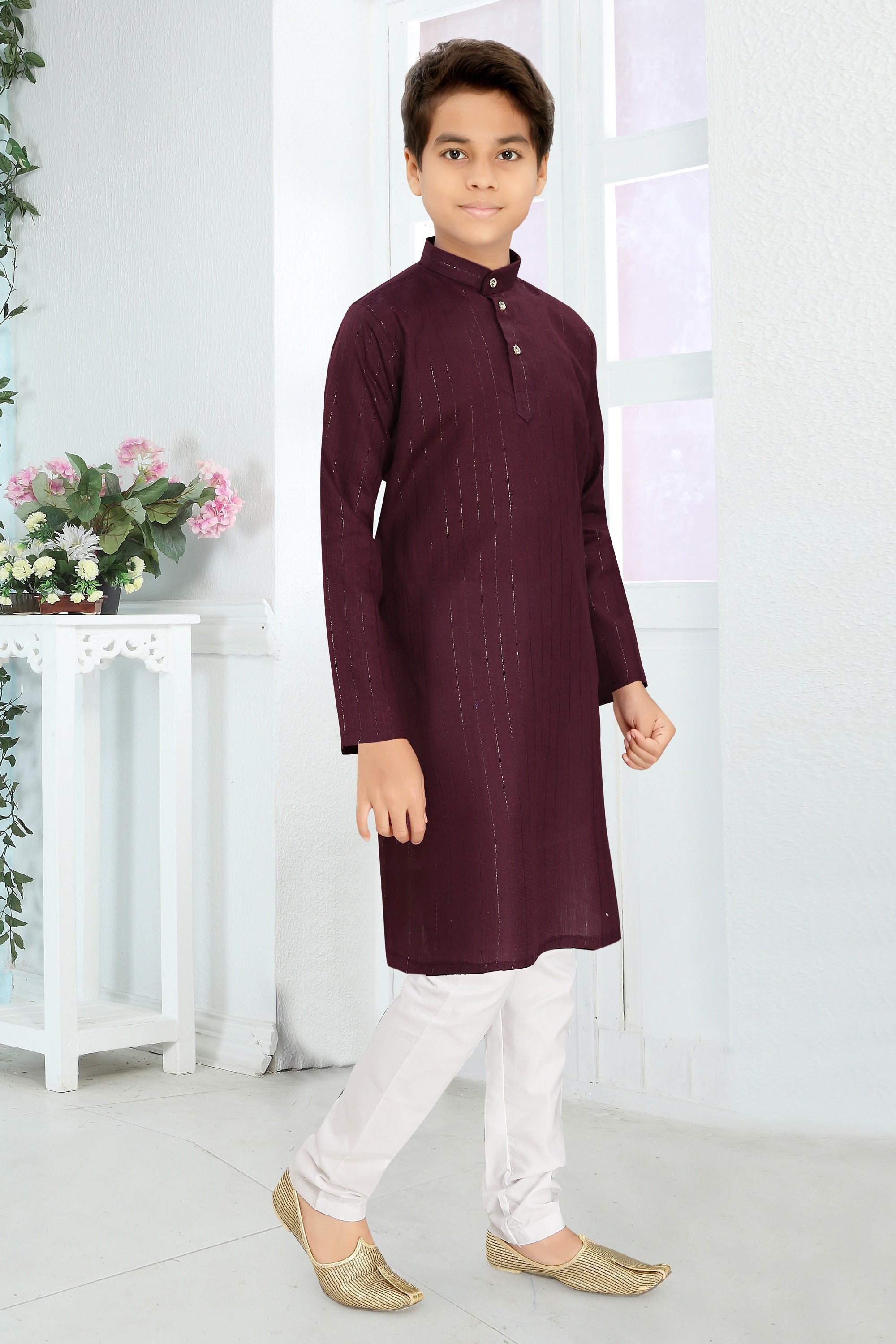Neera Trendz Wine Cotton Blend Lining Work Kid's Kurta With Pyjama