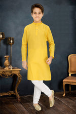 Thumbnail for Neera Trendz Yellow Cotton Blend Lining Work Kid's Kurta With Pyjama