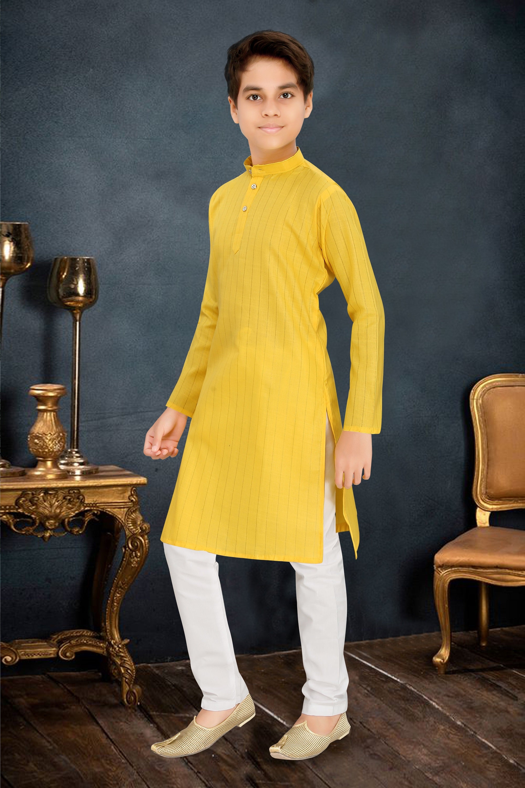 Neera Trendz Yellow Cotton Blend Lining Work Kid's Kurta With Pyjama